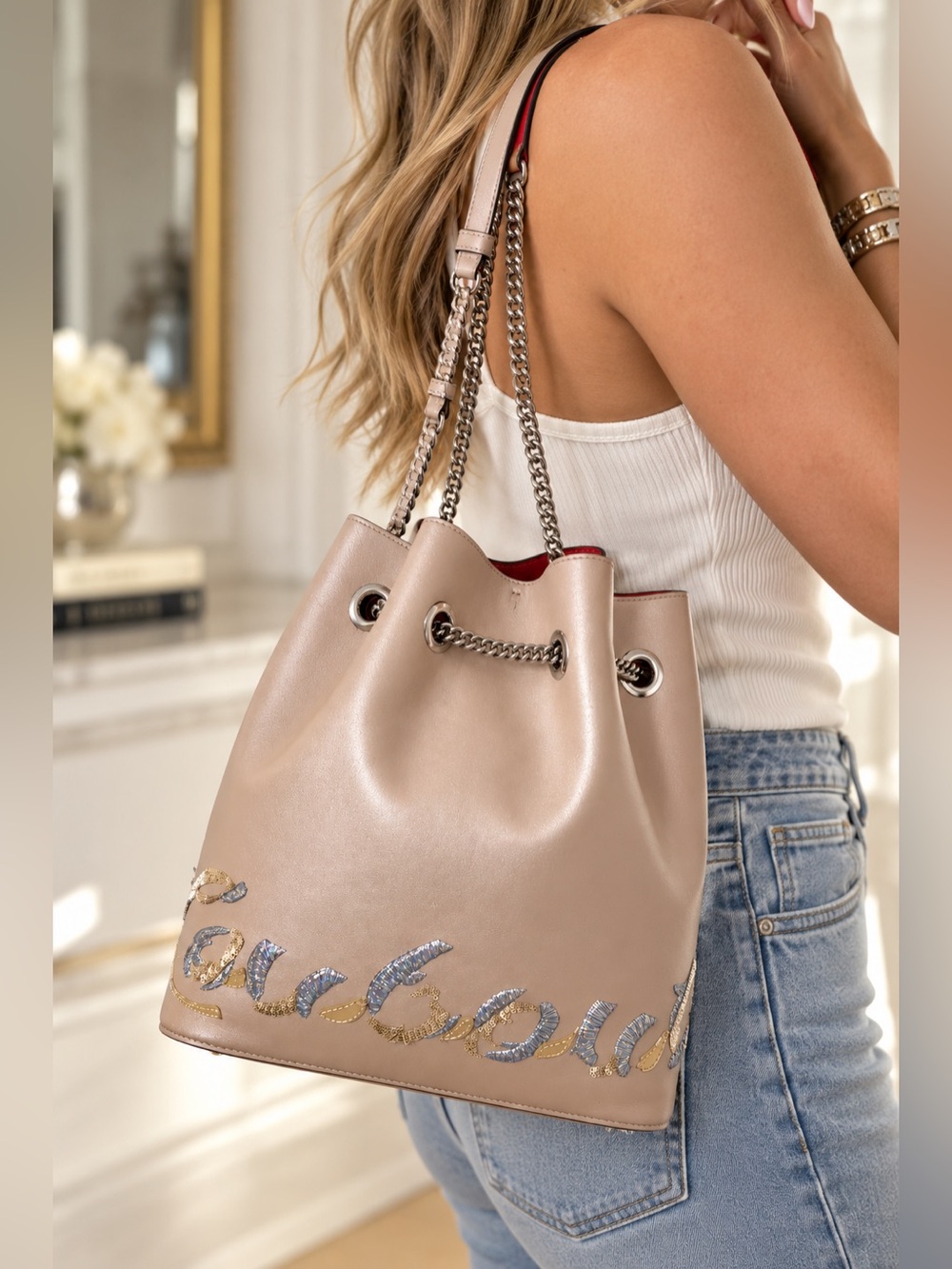 Christian Louboutin Marie Jane Confettis Metallic Leather Bucket Bag